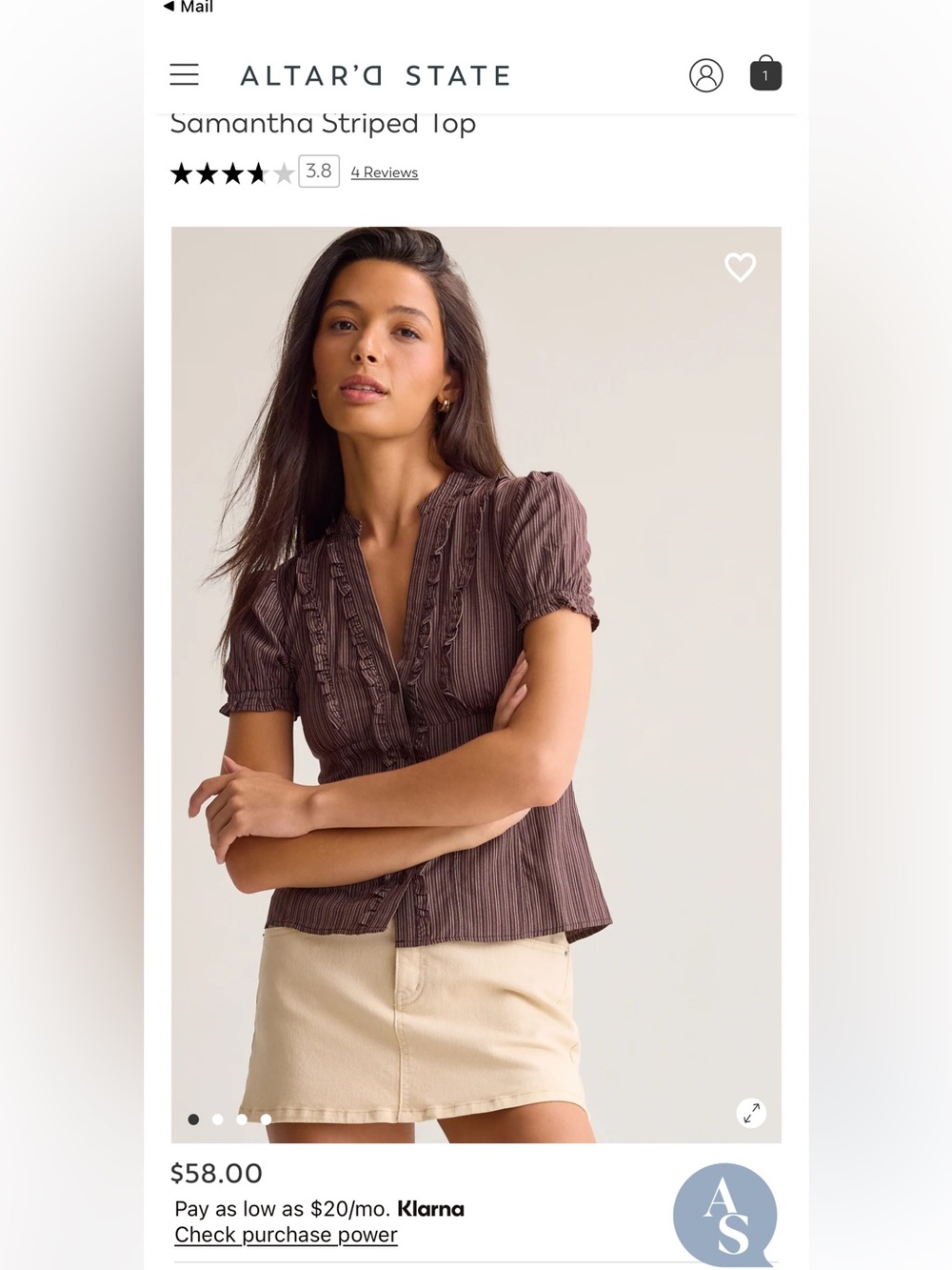 Altar'd State Brown Ruffle-Trim Striped Short Sleeve Blouse